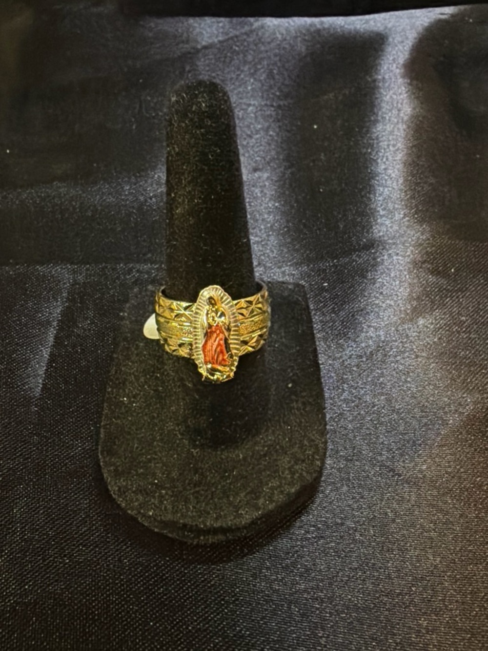 Gold-Tone Virgin Mary Ring with Red Enamel Accent - Women Jewelry